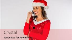  Presentation with elf - Audience pleasing slide deck consisting of gorgeous brunette model posing as an elf with presents against a white background backdrop and a red colored foreground