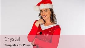  Presentation with elf - Cool new PPT layouts with gorgeous brunette model posing as an elf with presents against a white background backdrop and a coral colored foreground
