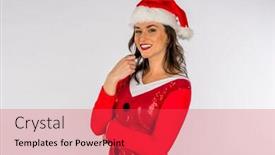  Presentation with elf - Amazing PPT theme having gorgeous brunette model posing as an elf with presents against a white background backdrop and a red colored foreground