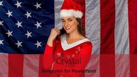 Presentation with elf - PPT theme with gorgeous brunette model posing as an elf with presents against the united states flag background and a crimson colored foreground