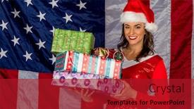  Presentation with elf - Slide deck having gorgeous brunette model posing as an elf with presents against the united states flag background and a crimson colored foreground