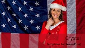  Presentation with elf - Audience pleasing PPT theme consisting of gorgeous brunette model posing as an elf with presents against the united states flag backdrop and a crimson colored foreground