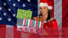  Presentation with elf - Cool new slide deck with gorgeous brunette model posing as an elf with presents against the united states flag backdrop and a red colored foreground
