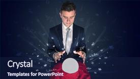  Presentation with magic ball - Slide deck having gorgeous businessman looking to inspiration background and a navy blue colored foreground