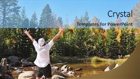  Presentation with fall mountains - Colorful slides enhanced with gorgeous fall multi-colored autumn woods mountains and river the tourist in a white easy shirt admires beauty of a landscape backdrop and a light blue colored foreground