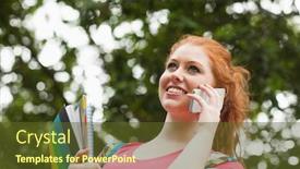  Presentation with college campus - Colorful slide set enhanced with gorgeous happy student holding notebooks phoning on campus at college backdrop and a tawny brown colored foreground