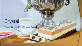  Presentation with tea cake - Presentation theme consisting of gorgeous holiday cake three-colate three-layered chocolate cake decorated with chocolate patterns the background is shiny samovar and porcelain cup with tea professional bakery background and a sky blue colored foreground