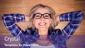  Presentation with flooring - PPT theme featuring hallway hardwood floor - gorgeous smiling blonde hipster lying background and a violet colored foreground