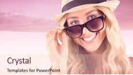  Presentation with blue orange - PPT theme with gorgeous smiling blonde hipster posing with sunglasses against beautiful orange and blue sky background and a lemonade colored foreground