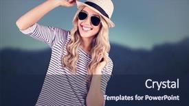  Presentation with straw - Colorful slide set enhanced with gorgeous smiling blonde hipster posing with straw hat against blurred mountains backdrop and a navy blue colored foreground