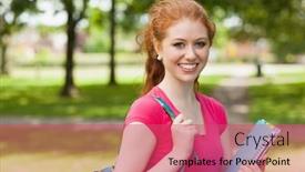  Presentation with college campus - PPT theme having gorgeous smiling student holding notebooks looking at camera on campus at college background and a red colored foreground