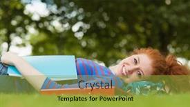  Presentation with college campus - Cool new slide deck with gorgeous smiling student lying on grass reading notes on campus at college backdrop and a yellow colored foreground