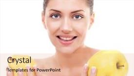  Presentation with apple pear - Slides with gorgeous smiling young woman holding an apple and a pear over white background background and a lemonade colored foreground