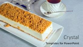  Presentation with porcelain - PPT layouts with gorgeous white cheesecake sprinkled with sweet crumbs professional bakery the background is porcelain cup with hot tea background and a light blue colored foreground