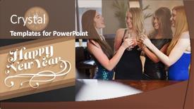  Presentation with flutes - PPT layouts consisting of gorgeous women clinking their flutes of champagne against classy new year greeting background and a violet colored foreground