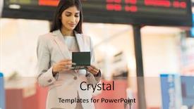  Presentation with ticket - Slide deck having gorgeous young indian businesswoman looking at air ticket in airport background and a coral colored foreground