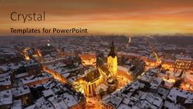  Presentation with town hall - Colorful slide deck enhanced with gorgeus-cityscape-of-winter-lviv backdrop and a red colored foreground