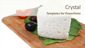  Presentation with mold - Theme enhanced with gorgonzola mold cheese on wooden platter with olives and tomato isolated over white background background and a cream colored foreground