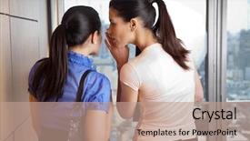  Presentation with office workers - Beautiful slides featuring gossip - two female co-workers whispering backdrop and a coral colored foreground