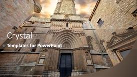  Presentation with gothic architecture - Beautiful PPT layouts featuring gothic-cathedral-in-barcelona-catalonia backdrop and a violet colored foreground