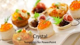  Presentation with snacks - Beautiful theme featuring gourmet - assorted savoury holiday snacks backdrop and a coral colored foreground