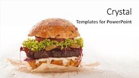  Presentation with hamburger - PPT theme enhanced with gourmet - delicious hamburger served on wooden background and a white colored foreground
