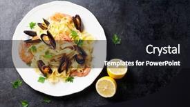  Presentation with pasta - Colorful theme enhanced with gourmet - pasta with seafood on stone backdrop and a dark gray colored foreground