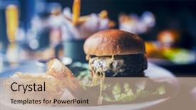  Presentation with burger fries - Presentation featuring gourmet - tasty grilled beef burger background and a coral colored foreground