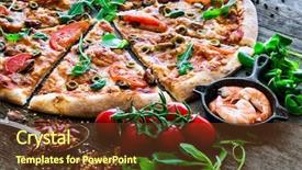  Presentation with seafood - Presentation theme featuring gourmet - tasty seafood pizza with cherries background and a tawny brown colored foreground