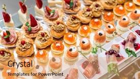  Presentation with appetizer - Audience pleasing theme consisting of gourmet appetizers caviar venison tuna backdrop and a coral colored foreground