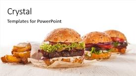  Presentation with hamburger - PPT theme having gourmet burger - delicious hamburger served on wooden background and a white colored foreground