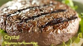  Presentation with teal music note watermark - Colorful slide deck enhanced with gourmet burger - juicy hamburger patty closeup note-selective backdrop and a tawny brown colored foreground