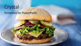  Presentation with rustic - PPT layouts consisting of gourmet cheeseburger on colorful blue background and a light blue colored foreground