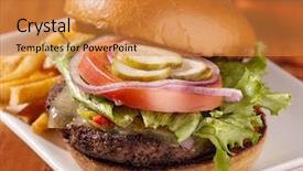  Presentation with served - PPT theme featuring gourmet cheeseburger served open faced background and a gold colored foreground