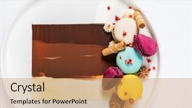  Presentation with chocolate dessert - Amazing PPT theme having gourmet dessert with macaroons backdrop and a coral colored foreground
