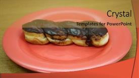  Presentation with cookies chocolate filling - PPT layouts with gourmet donuts - donut long john twisted donut background and a gold colored foreground