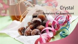  Presentation with sugar - Theme having gourmet doughnuts - finnish traditional vappu food sugar background and a soft green colored foreground