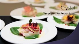 Presentation with sea - Slide set featuring sea scallop carpaccio dishes on tray background and a coral colored foreground