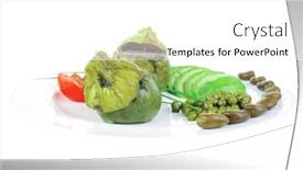  Presentation with meat food - Presentation theme having gourmet food zucchini filled with mince meat on white dish with beans and peas background and a white colored foreground