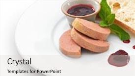 Presentation with foie - Slide deck featuring gourmet fresh foie gras pate served with ciabatta berry sauce and basil leaf isolated on white background and a lemonade colored foreground