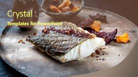  Presentation with algae - Theme with gourmet-fried-european-skrei-cod background and a tawny brown colored foreground