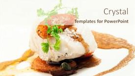  Presentation with main course - Presentation theme enhanced with gourmet main entree course grilled snow fish with brown sauce background and a cream colored foreground