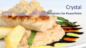  Presentation with mango - Colorful theme enhanced with gourmet meal macadamia crusted mahi mahi with mango salsa on risotto backdrop and a sky blue colored foreground