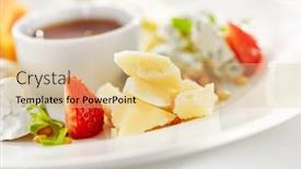  Presentation with dip - Colorful presentation design enhanced with gourmet restaurant delicious dinner food - close up of cheese plate with honey dip and fresh berries backdrop and a lemonade colored foreground