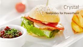  Presentation with french restaurant - Slide set having gourmet restaurant delicious dinner food - close up of sandwich with smoked meat tomato and cucumber garnished with french fries and vegetables sauce background and a lemonade colored foreground