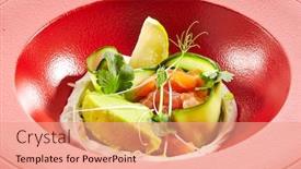  Presentation with fresh avocado - Presentation having gourmet-salmon-tartar-with-avocado background and a coral colored foreground