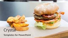  Presentation with french fries - Slide set featuring gourmet sandwich - bbq hamburger cheese and french background and a  colored foreground