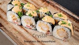  Presentation with sushi - Presentation theme with gourmet-sushi-on-the-dark background and a coral colored foreground