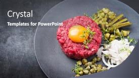  Presentation with beef - PPT theme featuring gourmet-tartar-raw-from-beef background and a dark gray colored foreground