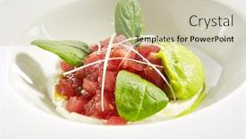  Presentation with fish tuna - Audience pleasing presentation theme consisting of gourmet-tuna-tartar-with-various backdrop and a soft green colored foreground